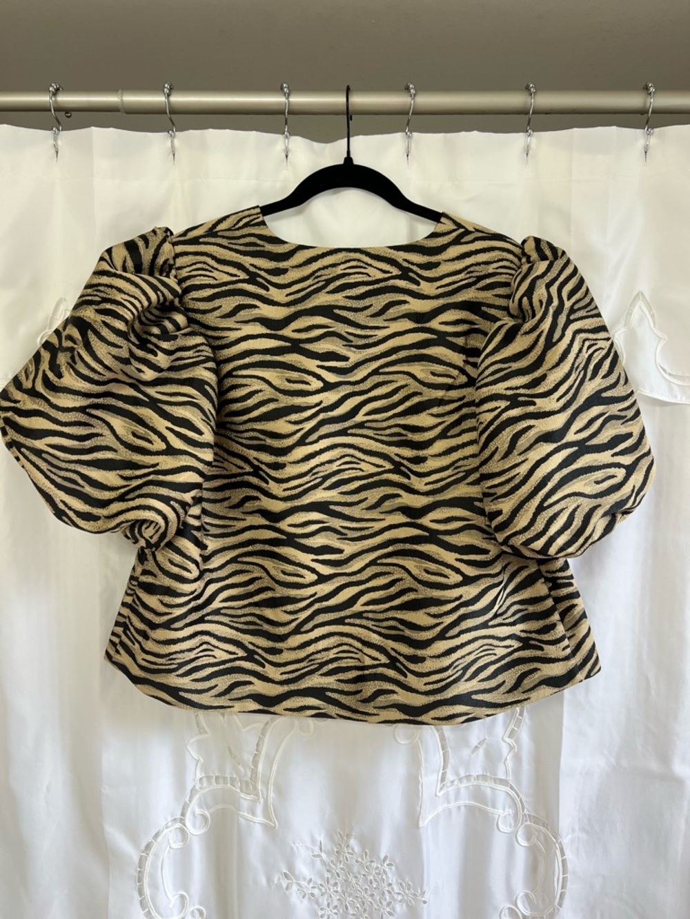 H&M Zebra Jacquard Puff Sleeve Jacket Gold Black Cropped Blazer Size L - Picture 5 of 12